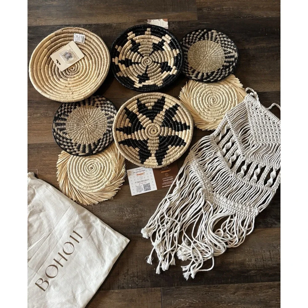 New Boho Hanging Wall Basket Decorative Set of 8 Decorative Bulrush Woven Home